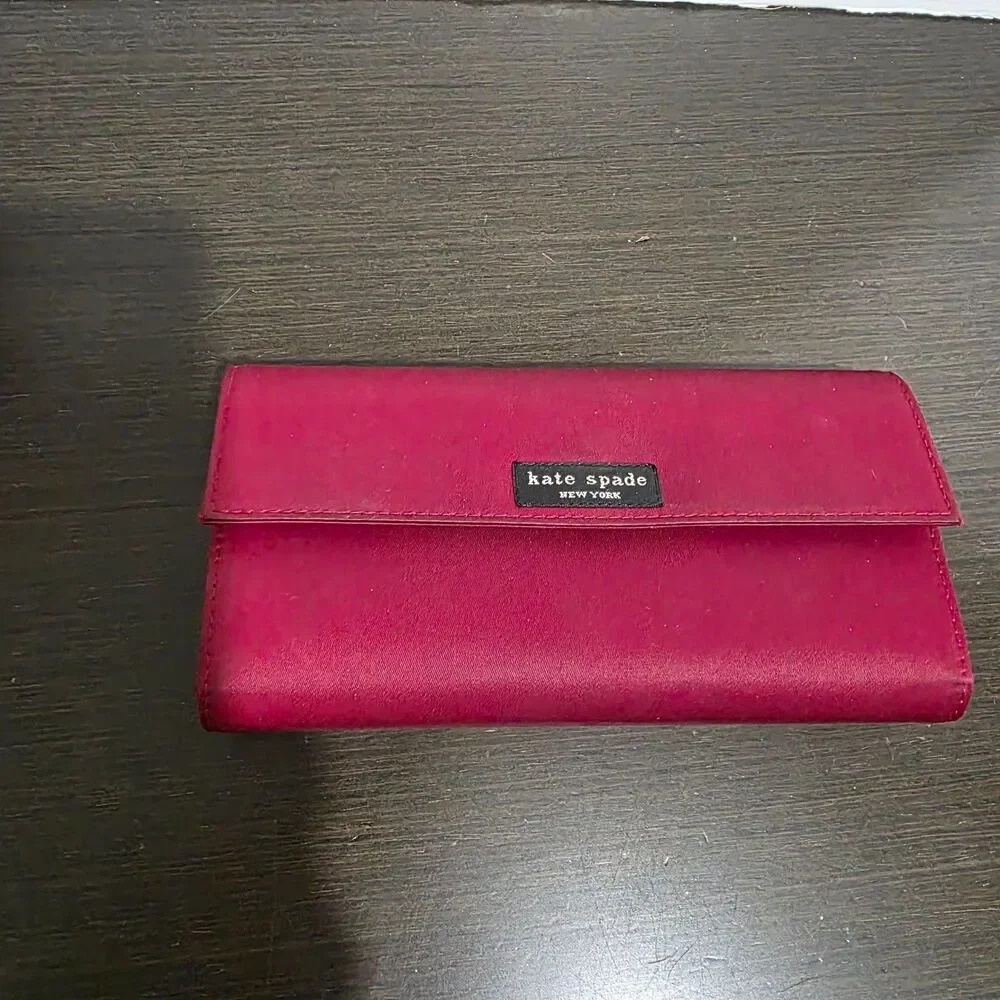 Kate Spade New York Red Satin Wallet Envelop Snap Closure Logo
